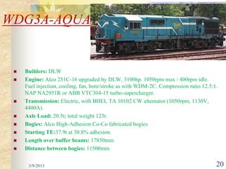 WDG3A-AQUA


    Builders: DLW
    Engine: Alco 251C-16 upgraded by DLW, 3100hp. 1050rpm max / 400rpm idle.
     Fuel injection, cooling, fan, bore/stroke as with WDM-2C. Compression ratio 12.5:1.
     NAP NA2951R or ABB VTC304-15 turbo-supercharger.
    Transmission: Electric, with BHEL TA 10102 CW alternator (1050rpm, 1130V,
     4400A).
    Axle Load: 20.5t; total weight 123t.
    Bogies: Alco High-Adhesion Co-Co fabricated bogies
    Starting TE:37.9t at 30.8% adhesion.
    Length over buffer beams: 17850mm
    Distance between bogies: 11500mm


      3/9/2013                                                                         20
 