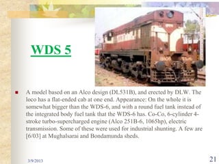 WDS 5

   A model based on an Alco design (DL531B), and erected by DLW. The
    loco has a flat-ended cab at one end. Appearance: On the whole it is
    somewhat bigger than the WDS-6, and with a round fuel tank instead of
    the integrated body fuel tank that the WDS-6 has. Co-Co, 6-cylinder 4-
    stroke turbo-supercharged engine (Alco 251B-6, 1065hp), electric
    transmission. Some of these were used for industrial shunting. A few are
    [6/03] at Mughalsarai and Bondamunda sheds.



    3/9/2013                                                                   21
 