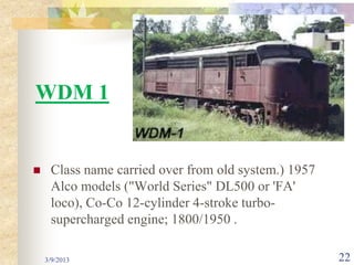WDM 1


    Class name carried over from old system.) 1957
     Alco models ("World Series" DL500 or 'FA'
     loco), Co-Co 12-cylinder 4-stroke turbo-
     supercharged engine; 1800/1950 .

    3/9/2013                                          22
 