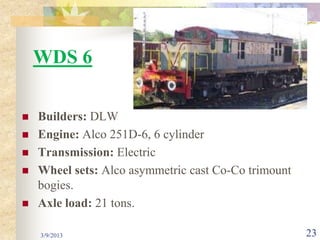 WDS 6

   Builders: DLW
   Engine: Alco 251D-6, 6 cylinder
   Transmission: Electric
   Wheel sets: Alco asymmetric cast Co-Co trimount
    bogies.
   Axle load: 21 tons.

    3/9/2013                                          23
 