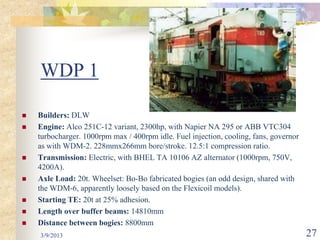 WDP 1

   Builders: DLW
   Engine: Alco 251C-12 variant, 2300hp, with Napier NA 295 or ABB VTC304
    turbocharger. 1000rpm max / 400rpm idle. Fuel injection, cooling, fans, governor
    as with WDM-2. 228mmx266mm bore/stroke. 12.5:1 compression ratio.
   Transmission: Electric, with BHEL TA 10106 AZ alternator (1000rpm, 750V,
    4200A).
   Axle Load: 20t. Wheelset: Bo-Bo fabricated bogies (an odd design, shared with
    the WDM-6, apparently loosely based on the Flexicoil models).
   Starting TE: 20t at 25% adhesion.
   Length over buffer beams: 14810mm
   Distance between bogies: 8800mm
    3/9/2013                                                                           27
 