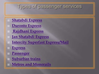  Shatabdi Express
 Duronto Express
 Rajdhani Express
 Jan Shatabdi Express
 Intercity Superfast Express/Mail
 Express
 Passenger
 Suburban trains
 Metros and Monorails
 