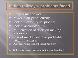  Surplus manpower
 Power staff productivity
 Lack of flexibility in pricing
 Lack of accountability
 Politicization of decision making
processes.
 Loss of market share in profitable
freight business.
 Over crowding is most faced problem
 Ticketless travel is also a major problem faced
 