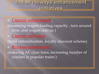  Capacity enhancement .
(increasing wagon loading capacity , turn around
time ,and wagon sidings )
 Capacity utilization
(tariff rationalization ,loyalty discount scheme)
 Revenue enhancement
(reducing AC class fares, increasing number of
coaches in popular trains )
 