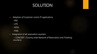 SOLUTION
 Adoption of Customer-centric IT applications
- PRS
- UTS
- NTES
- FOIS
 Integration of all reservation counters
– CONCERT ( Country wide Network of Reservation and Ticketing
counters)
 