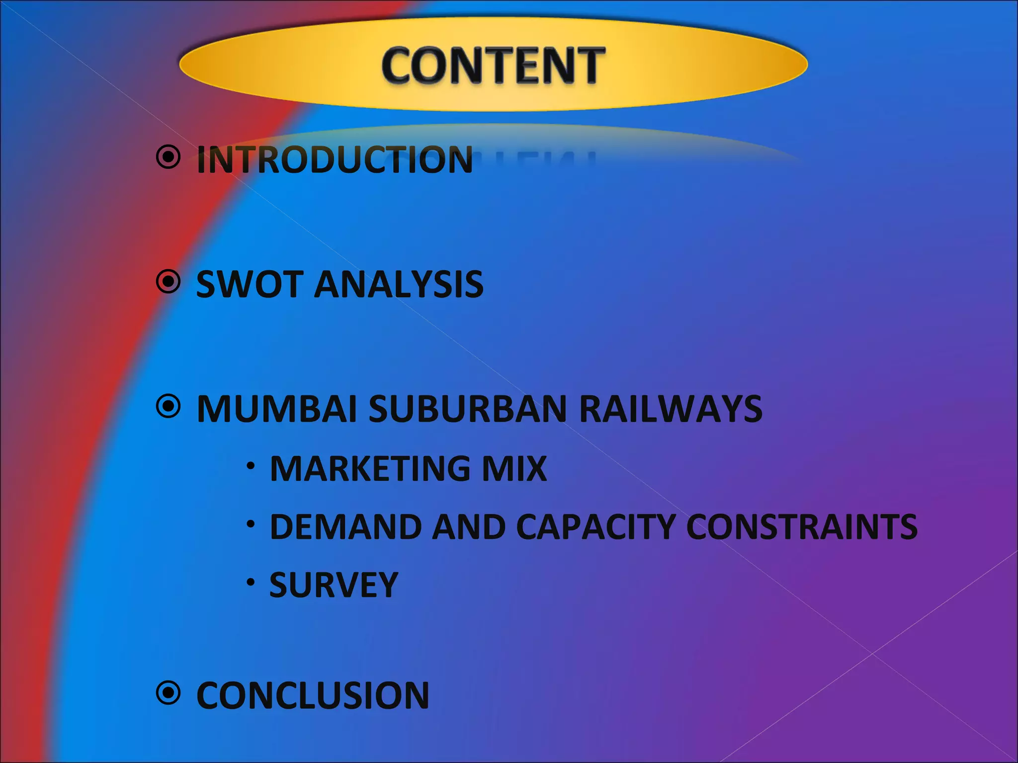 INTRODUCTION SWOT ANALYSIS MUMBAI SUBURBAN RAILWAYS MARKETING MIX DEMAND AND CAPACITY CONSTRAINTS SURVEY CONCLUSION 