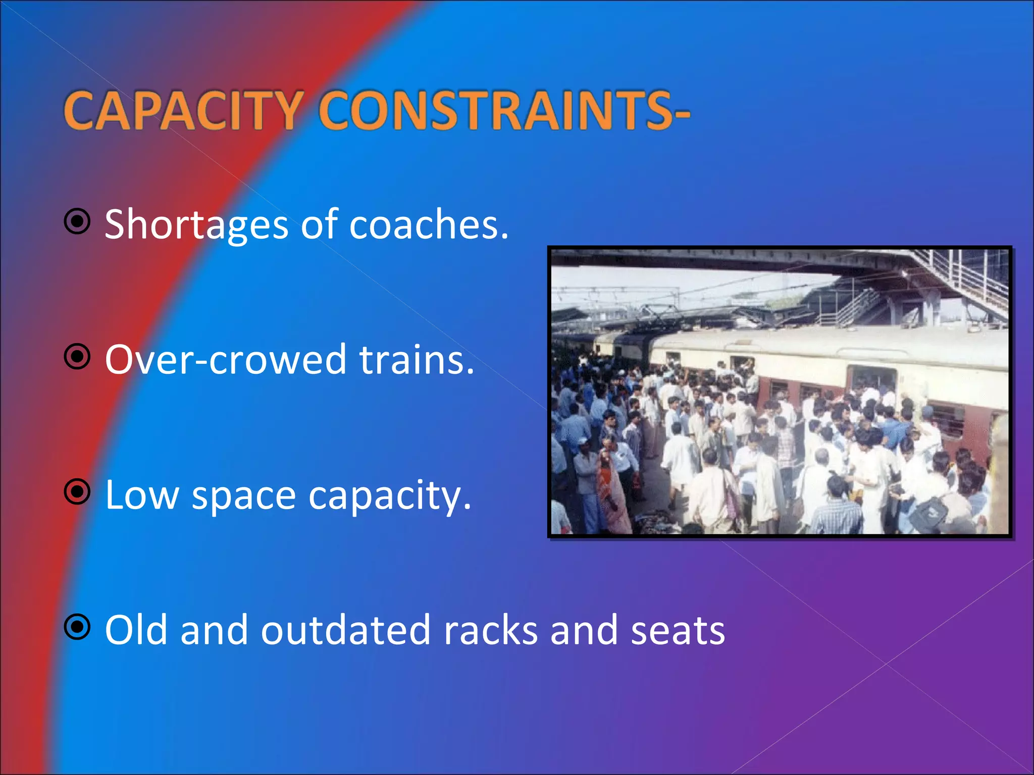 Shortages of coaches. Over-crowed trains. Low space capacity. Old and outdated racks and seats 
