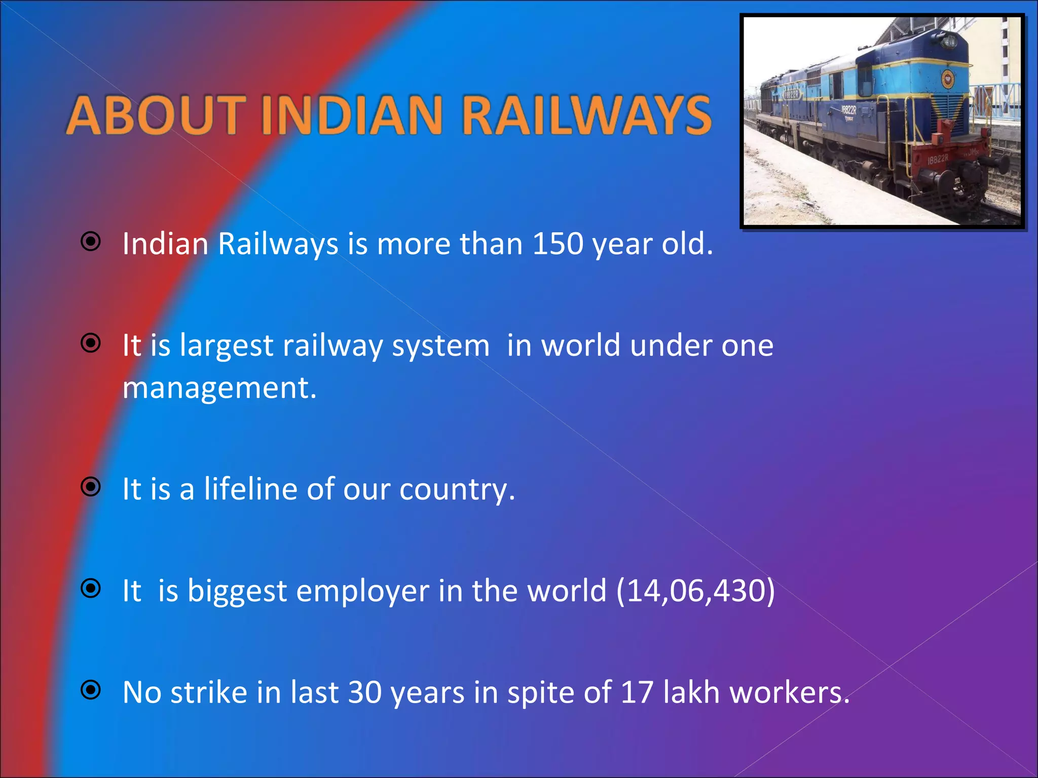 Indian Railways is more than 150 year old. It is largest railway system  in world under one management. It is a lifeline of our country. It  is biggest employer in the world (14,06,430)  No strike in last 30 years in spite of 17 lakh workers. 