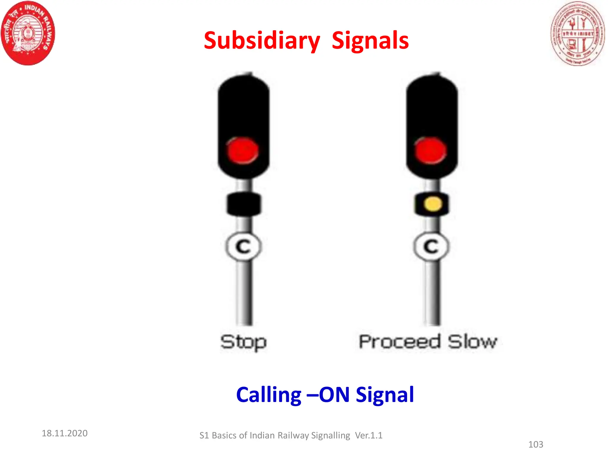 Calling –ON Signal
103
Subsidiary Signals
18.11.2020 S1 Basics of Indian Railway Signalling Ver.1.1
 