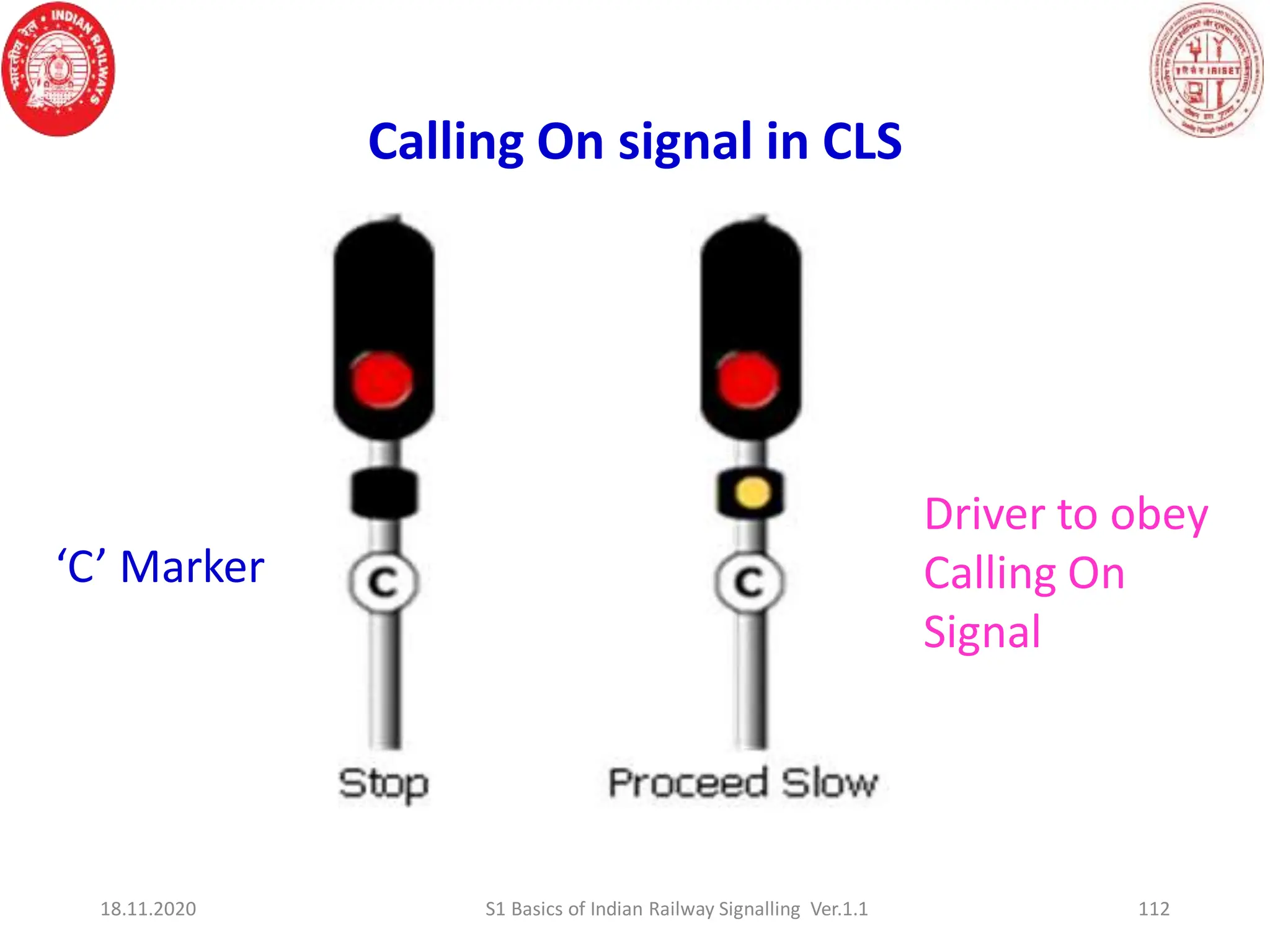 Calling On signal in CLS
112
‘C’ Marker
Driver to obey
Calling On
Signal
18.11.2020 S1 Basics of Indian Railway Signalling Ver.1.1
 