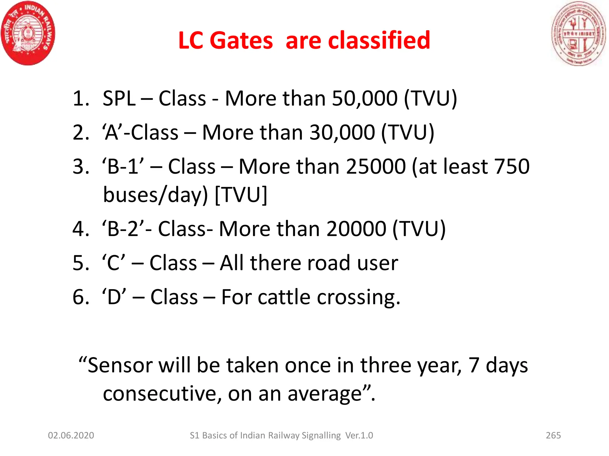 LC Gates are classified
1. SPL – Class - More than 50,000 (TVU)
2. ‘A’-Class – More than 30,000 (TVU)
3. ‘B-1’ – Class – More than 25000 (at least 750
buses/day) [TVU]
4. ‘B-2’- Class- More than 20000 (TVU)
5. ‘C’ – Class – All there road user
6. ‘D’ – Class – For cattle crossing.
“Sensor will be taken once in three year, 7 days
consecutive, on an average”.
02.06.2020 265
S1 Basics of Indian Railway Signalling Ver.1.0
 