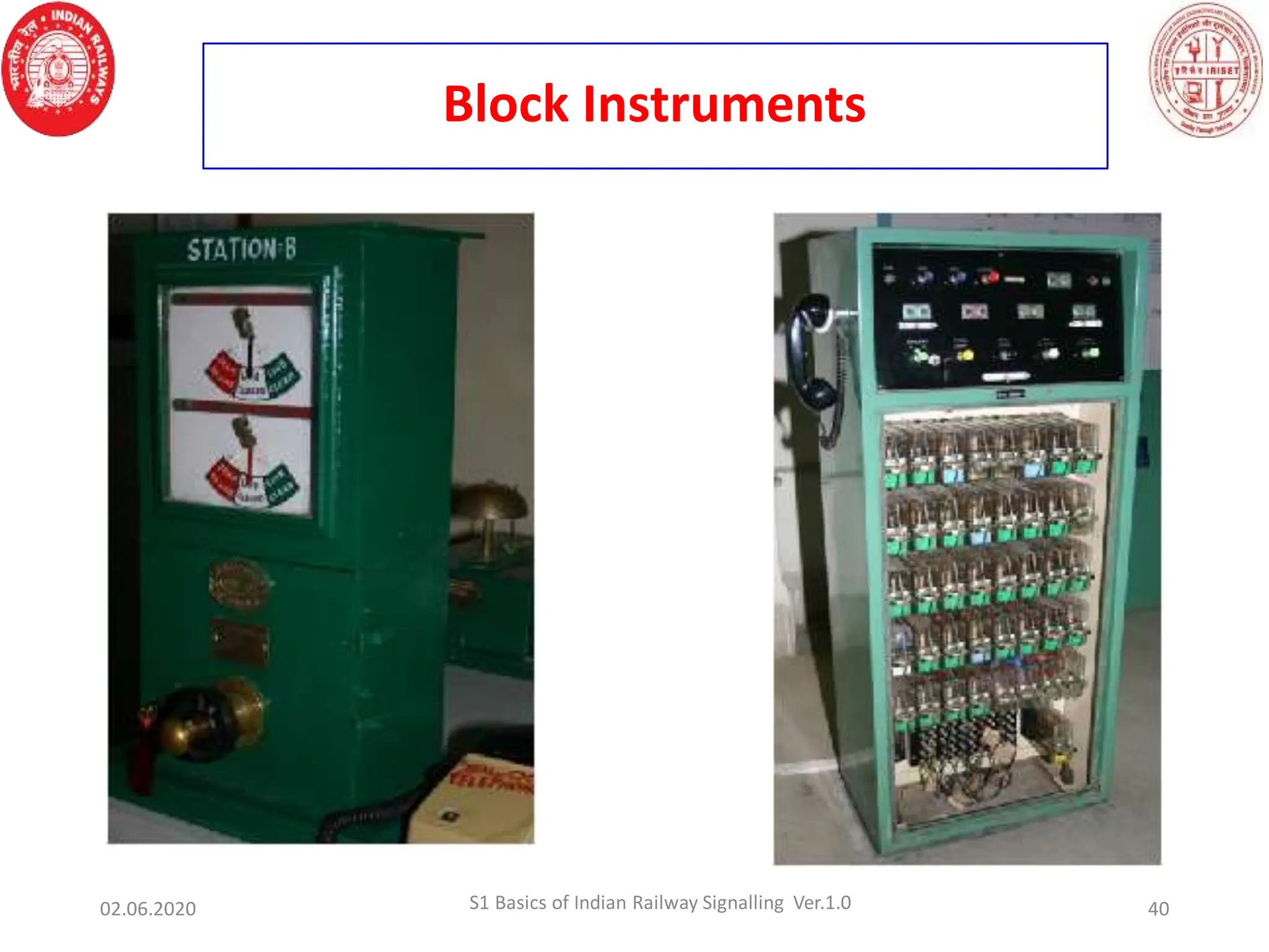 Block Instruments
S1 Basics of Indian Railway Signalling Ver.1.0
02.06.2020 40
 