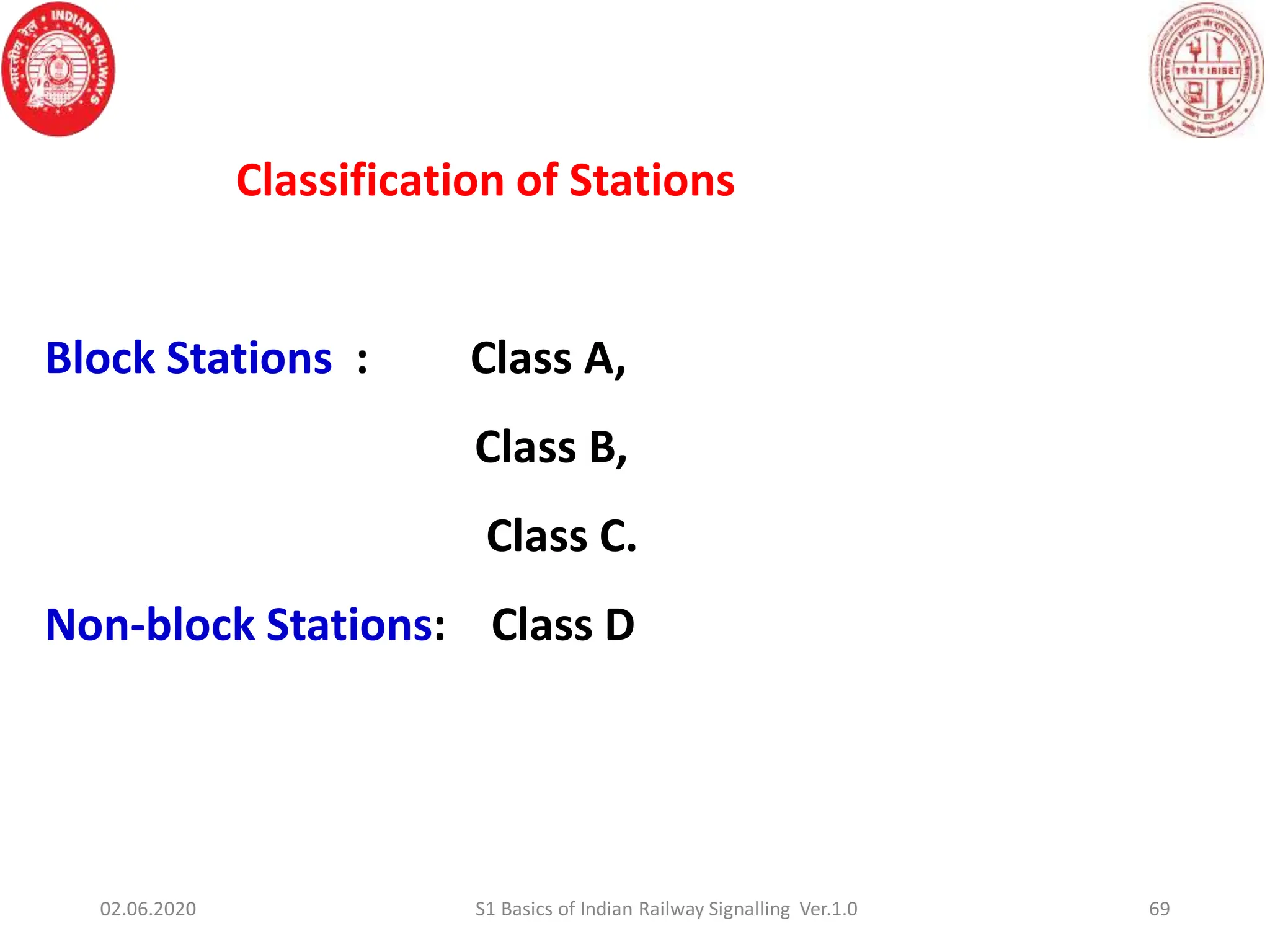 Classification of Stations
Block Stations : Class A,
Class B,
Class C.
Non-block Stations: Class D
69
02.06.2020 S1 Basics of Indian Railway Signalling Ver.1.0
 
