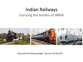 Indian Railways
Carrying the burden of INDIA
Inline with the Railway budget - Shriram / 01-03-2015
 