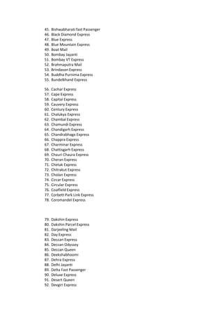 45. Bishwabharati fast Passenger
46. Black Diamond Express
47. Blue Express
48. Blue Mountain Express
49. Boat Mail
50. Bombay Jayanti
51. Bombay VT Express
52. Brahmaputra Mail
53. Brindavan Express
54. Buddha Purnima Express
55. Bundelkhand Express
56. Cachar Express
57. Cape Express
58. Capital Express
59. Cauvery Express
60. Century Express
61. Chalukya Express
62. Chambal Express
63. Chamundi Express
64. Chandigarh Express
65. Chandrabhaga Express
66. Chappra Express
67. Charminar Express
68. Chattisgarh Express
69. Chauri Chaura Express
70. Cheran Express
71. Chetak Express
72. Chitrakut Express
73. Cholan Express
74. Circar Express
75. Circular Express
76. Coalfield Express
77. Corbett Park Link Express
78. Coromandel Express
79. Dakshin Express
80. Dakshin Parcel Express
81. Darjeeling Mail
82. Day Express
83. Deccan Express
84. Deccan Odyssey
85. Deccan Queen
86. Deekshabhoomi
87. Dehra Express
88. Delhi Jayanti
89. Delta Fast Passenger
90. Deluxe Express
91. Desert Queen
92. Devgiri Express
 