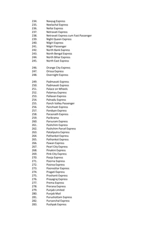 234. Navyug Express
235. Neelachal Express
236. Nellai Express
237. Netravati Express
238. Netravati Express cum Fast Passenger
239. Night Queen Express
240. Nilgiri Express
241. Nilgiri Passenger
242. North Bank Express
243. North Bengal Express
244. North Bihar Express
245. North East Express
246. Orange City Express
247. Orissa Express
248. Overnight Express
249. Padmavati Express
250. Padmavati Express
251. Palace on Wheels
252. Palamau Express
253. Pallavan Express
254. Palnadu Express
255. Panch Valley Passenger
256. Panchvati Express
257. Pandyan Express
258. Parasnath Express
259. Parikrama
260. Parsuram Express
261. Pashchim Express
262. Pashchim Parcel Express
263. Pataliputra Express
264. Pathankot Express
265. Pathankot Express
266. Pawan Express
267. Pearl City Express
268. Pinakini Express
269. Pink City Express
270. Pooja Express
271. Poorna Express
272. Poorva Express
273. Poorvottar Express
274. Pragati Express
275. Prashanti Express
276. Prayagraj Express
277. Prema Express
278. Prerana Express
279. Punjab Limited
280. Punjab Mail
281. Purushottam Express
282. Purvanchal Express
283. Pushpak Express
 