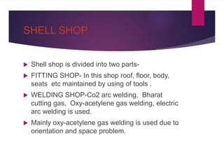 SHELL SHOP
 Shell shop is divided into two parts-
 FITTING SHOP- In this shop roof, floor, body,
seats etc maintained by using of tools .
 WELDING SHOP-Co2 arc welding, Bharat
cutting gas, Oxy-acetylene gas welding, electric
arc welding is used.
 Mainly oxy-acetylene gas welding is used due to
orientation and space problem.
 