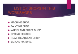 LIST OF SHOPS IN THIS
WORKSHOPS
 MACHINE SHOP.
 PAINTING SHOP.
 WHEEL AND SHAFT SHOP.
 SPRING SECTION
 HEAT TREATMENT SHOP
 JIG AND FIXTURE.
 