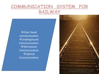 COMMUNICATION SYSTEM FOR
RAILWAY
• Optical Systems
• Microwave Systems
• Wireless Media
• Radio System
• Telephone Systems
• Passenger Information
• Public Address Systems
• Signal Post Telephones
Over Head
communication
Underground
Communication
Microwave
Communication
Optical
Communication
 