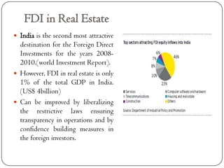 FDI in Real Estate
 India is the second most attractive
  destination for the Foreign Direct
  Investments for the years 2008-
  2010.(world Investment Report).
 However, FDI in real estate is only
  1% of the total GDP in India.
  (US$ 4billion)
 Can be improved by liberalizing
  the restrictive laws ensuring
  transparency in operations and by
  confidence building measures in
  the foreign investors.
 