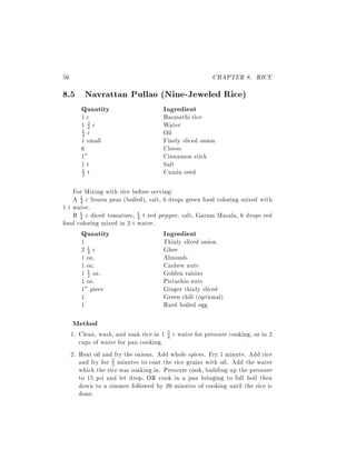 50                                                      CHAPTER 8. RICE
8.5 Navrattan Pullao (Nine-Jeweled Rice)
        Quantity                       Ingredient
        1c                             Basmathi rice
        13c
          4                            Water
        4 c                            Oil
        1

        1 small                        Finely sliced onion
        6                              Cloves
        1"                             Cinnamon stick
        1t                             Salt
        2 t                            Cumin seed
        1



    For Mixing with rice before serving:
    A 4 c frozen peas (boiled), salt, 6 drops green food coloring mixed with
      1

1 t water.
    B 1 c diced tomatoes, 1 t red pepper, salt, Garam Masala, 6 drops red
      4                    4
food coloring mixed in 2 t water.
        Quantity                       Ingredient
        1                              Thinly sliced onion
        21c
          4                            Ghee
        1 oz.                          Almonds
        1 oz.                          Cashew nuts
        1 1 oz.
          2                            Golden raisins
        1 oz.                          Pistachio nuts
        1" piece                       Ginger thinly sliced
        1                              Green chili (optional)
        1                              Hard boiled egg

     Method
     1. Clean, wash, and soak rice in 1 3 c water for pressure cooking, or in 2
                                        4
        cups of water for pan cooking.
     2. Heat oil and fry the onions. Add whole spices. Fry 1 minute. Add rice
        and fry for 2 minutes to coat the rice grains with oil. Add the water
                    3
        which the rice was soaking in. Pressure cook, building up the pressure
        to 15 psi and let drop, OR cook in a pan bringing to full boil then
        down to a simmer followed by 20 minutes of cooking until the rice is
        done.
 