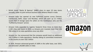 • British brand ‘Marks & Spencer’ (M&S) plans to open 10 new stores
annually, under its joint venture business with Reliance Retail in India
• Amazon India has opened six new fulfilment centres across Chennai,
Coimbatore, Delhi, Jaipur and Mumbai, which will open up 5.5 million
square feet of storage space for sellers on the marketplace who use the
‘Fulfilled by Amazon’ service
• Amazon India expanded its logistics footprint three times to more than
2,100 cities and towns in 2015, as Amazon.com invested more than US$
700 million in its India operations since July 2014
• Amazon Inc. has announced that the company would invest an additional
US$ 3 billion in India operations, thereby taking its committed investment
in the country to over US$ 5 billion
• In 2016, Amazon witnessed growth of 160% in the seller base, over 2015,
and attracted 1,40,000 sellers in India
 