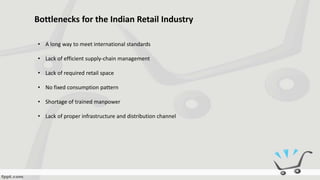 Bottlenecks for the Indian Retail Industry
• A long way to meet international standards
• Lack of efficient supply-chain management
• Lack of required retail space
• No fixed consumption pattern
• Shortage of trained manpower
• Lack of proper infrastructure and distribution channel
 