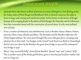 • Damodar River also known as River of sorrows or sorrow of Bengal is a river flowing across
the Indian states of West Bengal and Jharkhand. Rich in mineral resources, the valley is
home to large-scale mining and industrial activity. Earlier known as the Sorrow of Bengal
because of its ravaging floods in the plains of West Bengal, the Damodar and its tributaries
have been somewhat tamed with the construction of several dams. It is the most polluted
river of India .
• It has a number of tributaries and subtributaries, such as Barakar, Konar, Bokaro, Haharo,
Jamunia, Ghari, Guaia, Khadia and Bhera. The Damodar and the Barakar trifurcates the
Chota Nagpur plateau. The rivers pass through hilly areas with great force, sweeping away
whatever lies in their path. Two bridges on the Grand Trunk Road near Barhi in Hazaribagh
district were torn down by the Barakar: the great stone bridge in 1913 and the subsequent
iron bridge in 1946.
• Means "rope around the belly", derived from Sanskrit (dama) "rope" and (udara) "belly".
This is another name of the Hindu god Krishna, given to him because his foster-mother tied
him to a large urn
 