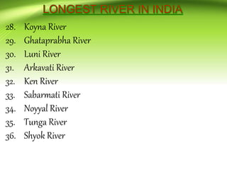 28. Koyna River
29. Ghataprabha River
30. Luni River
31. Arkavati River
32. Ken River
33. Sabarmati River
34. Noyyal River
35. Tunga River
36. Shyok River
 