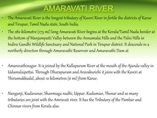 • The Amaravati River is the longest tributary of Kaveri River in fertile the districts of Karur
and Tirupur, Tamil Nadu state, South India.
• The 282-kilometre (175 mi) long Amaravati River begins at the Kerala/Tamil Nadu border at
the bottom of Manjampatti Valley between the Annamalai Hills and the Palni Hills in
Indira Gandhi Wildlife Sanctuary and National Park in Tirupur district. It descends in a
northerly direction through Amaravathi Reservoir and Amaravathi Dam at
• Amaravathinagar. It is joined by the Kallapuram River at the mouth of the Ajanda valley in
Udumalaipettai. Through Dharapuram and Aravakurichi it joins with the Kaveri at
Thirumukkudal, about 10 kilometres (6 mi) from Karur.
• Nanganji, Kudavanar, Shanmuga nadhi, Uppar, Kudumiar, Thenar and so many
tributaries are joint with the Amravati river. It has the Tributary of the Pambar and
Chinnar rivers from Kerala also.
 