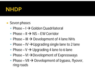  Seven phases
 Phase – I  Golden Quadrilateral
 Phase – II  NS – EW Corridor
 Phase – III  Development of 4 lane NHs
 Phase – IV Upgrading single lane to 2 lane
 Phase –V  Upgrading 4 lane to 6 lane
 Phase –VI Development of Expressways
 Phase –VII  Development of bypass, flyover,
ring roads
 