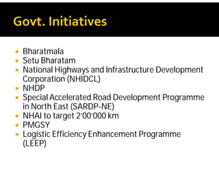  Bharatmala
 Setu Bharatam
 National Highways and Infrastructure Development
Corporation (NHIDCL)
 NHDP
 Special Accelerated Road Development Programme
in North East (SARDP-NE)
 NHAI to target 2’00’000 km
 PMGSY
 Logistic Efficiency Enhancement Programme
(LEEP)
 