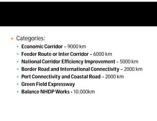  Categories:
 Economic Corridor – 9000 km
 Feeder Route or Inter Corridor – 6000 km
 National Corridor Efficiency Improvement – 5000 km
 Border Road and International Connectivity – 2000 km
 Port Connectivity and Coastal Road – 2000 km
 Green Field Expressway
 Balance NHDPWorks - 10,000km
 
