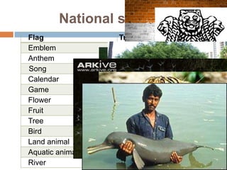National symbols
Flag Tricolor
Emblem Sarnath Lion Capital
Anthem Jana Gana Mana
Song Vande Mataram
Calendar Saka
Game Hockey
Flower Lotus
Fruit Mango
Tree Banyan
Bird Indian Peafowl
Land animal Royal Bengal Tiger
Aquatic animal River Dolphin
River Ganga
 
