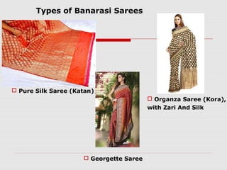 Types of Banarasi Sarees 
 Pure Silk Saree (Katan) 
 Organza Saree (Kora), 
with Zari And Silk 
 Georgette Saree 
 