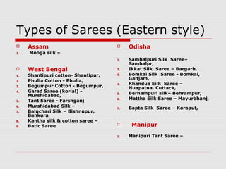 Types of Sarees (Eastern style) 
 Assam 
1. Mooga silk – 
 West Bengal 
1. Shantipuri cotton- Shantipur, 
2. Phulia Cotton - Phulia, 
3. Begumpur Cotton - Begumpur, 
4. Garad Saree (korial) - 
Murshidabad, 
5. Tant Saree - Farshganj 
6. Murshidabad Silk – 
7. Baluchari Silk – Bishnupur, 
Bankura 
8. Kantha silk & cotton saree – 
9. Batic Saree 
 Odisha 
1. Sambalpuri Silk Saree– 
Sambalpr, 
2. Ikkat Silk Saree – Bargarh, 
3. Bomkai Silk Saree - Bomkai, 
Ganjam, 
4. Khandua Silk Saree – 
Nuapatna, Cuttack, 
5. Berhampuri silk– Behrampur, 
6. Mattha Silk Saree – Mayurbhanj, 
7. Bapta Silk Saree – Koraput, 
 Manipur 
1. Manipuri Tant Saree – 
 