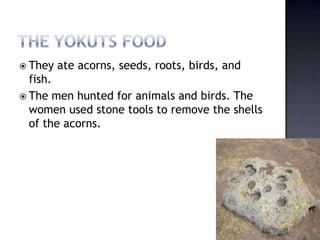  They ate acorns, seeds, roots, birds, and
fish.
 The men hunted for animals and birds. The
women used stone tools to remove the shells
of the acorns.
 