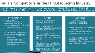 Philippines
 The IT & BPM space is
growing rapidly & the
industry generated $ 18.4 Bn
in revenue in 2014
 Factors behind the growth of
IT industry in Philippines –
 Low Cost
 Skilled workforce
 Growing population &
young labor force
China
 China is the emerging IT
services destination
 In FY14-15, China’s
Software Industry generated
revenue of $ 593 Bn
 The key factors for this
growth have been initiatives
like ‘Internet Plus’, ‘Made in
China’
 The Government is also in
process of coming out with
favorable policies to
encourage young talents to
start their own businesses
 India faces tough competition from countries such as Philippines, China &
Vietnam in Asia, Mexico in Latin America & Belarus, Russia & Ukraine in Europe
Mexico
 Mexico’s IT industry is
growing at a rapid clip
 There are more than 2000 IT
companies in Mexico &
around 6 Lakh people are
employed in this sector
 Mexico spends heavily in its
education system thus
enabling the IT companies to
find the right talent
 