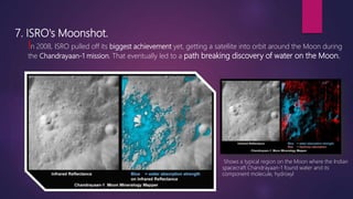 7. ISRO's Moonshot.
In 2008, ISRO pulled off its biggest achievement yet, getting a satellite into orbit around the Moon during
the Chandrayaan-1 mission. That eventually led to a path breaking discovery of water on the Moon.
Shows a typical region on the Moon where the Indian
spacecraft Chandrayaan-1 found water and its
component molecule, hydroxyl
 