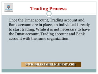Trading Process
Once the Dmat account, Trading account and
Bank account are in place, an individual is ready
to start trading. While it is not necessary to have
the Dmat account, Trading account and Bank
account with the same organization.
 