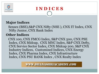 I N D I C E S
Major Indices
Sensex (BSE),S&P CNX Nifty (NSE ), CNX IT Index, CNX
Nifty Junior, CNX Bank Index
Other Indices
CNX 100, CNX FMCG Index, S&P CNX 500, CNX PSE
Index, CNX Midcap, CNX MNC Index, S&P CNX Defty,
CNX Service Sector Index, CNX Midcap 200, S&P CNX
Industry Indices, Customized Indices, CNX Energy
Index, CNX Pharma Index, CNX Infrastructure
Index, CNX PSU BANK Index , CNX Realty Index
 