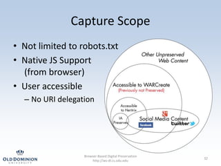 Capture Scope
• Not limited to robots.txt
• Native JS Support
(from browser)
• User accessible
– No URI delegation
32
Brow...