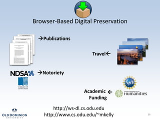Browser-Based Digital Preservation
http://ws-dl.cs.odu.edu
http://www.cs.odu.edu/~mkelly 39
Publications
Travel
Academic...