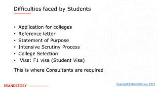 Copyright© BrandStory.in, 2015
• Application for colleges
• Reference letter
• Statement of Purpose
• Intensive Scrutiny Process
• College Selection
• Visa: F1 visa (Student Visa)
This is where Consultants are required
Difficulties faced by Students
 
