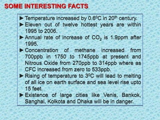 ►Temperature increased by 0.60C in 20th century.
►Eleven out of twelve hottest years are within
1995 to 2006.
►Annual rate of increase of CO2 is 1.9ppm after
1995.
►Concentration of methane increased from
700ppb in 1750 to 1745ppb at present and
Nitrous Oxide from 270ppb to 314ppb where as
CFC increased from zero to 533ppb.
►Rising of temperature to 30C will lead to melting
of all ice on earth surface and sea level rise upto
15 feet.
►Existence of large cities like Venis, Bankok,
Sanghai, Kolkota and Dhaka will be in danger.
SOME INTERESTING FACTS
 