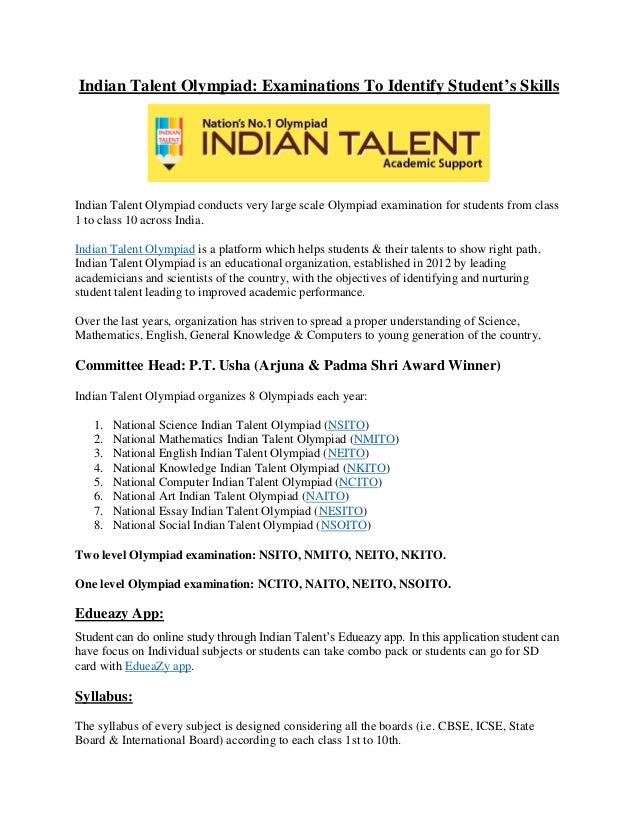 Indian Talent Olympiad Examinations To Identify Student's Skills