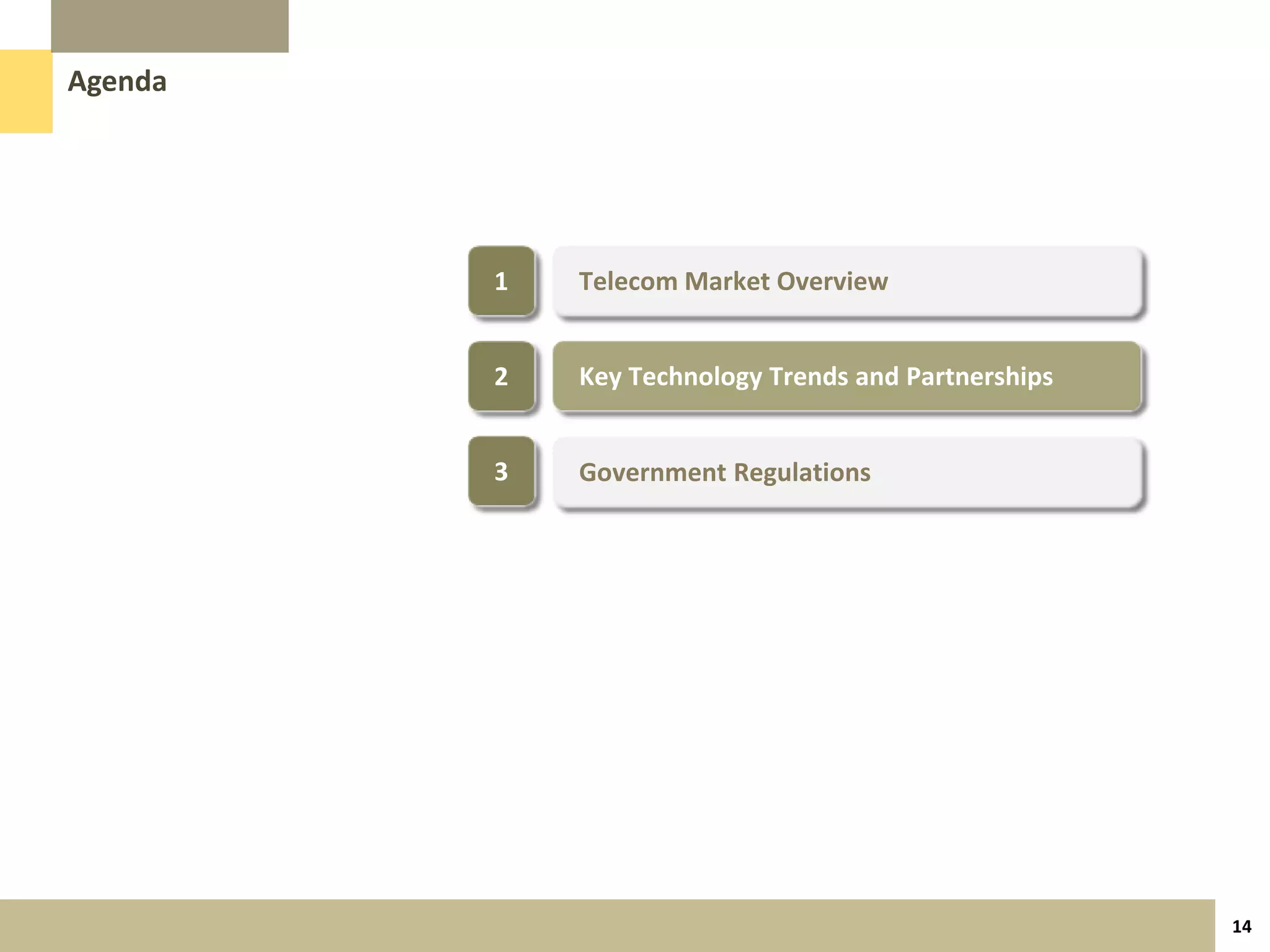 Agenda




         1   Telecom Market Overview


         2   Key Technology Trends and Partnerships


         3   Government Regulations




                                                      14
 