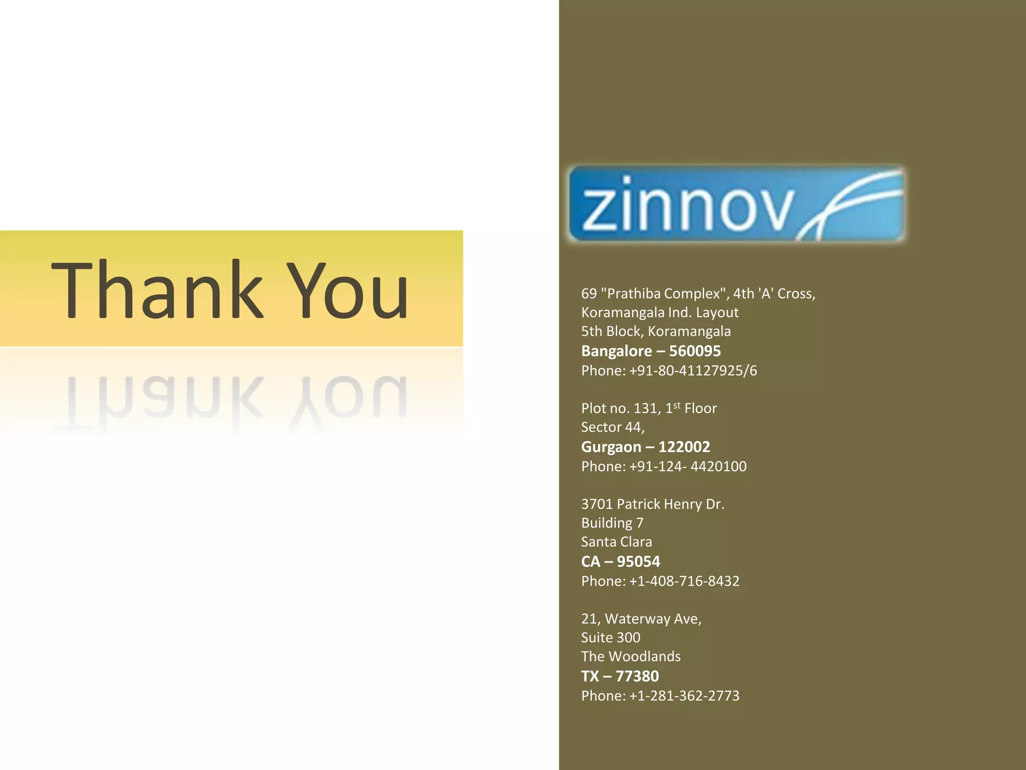 Thank You   69 "Prathiba Complex", 4th 'A' Cross,
            Koramangala Ind. Layout
            5th Block, Koramangala
            Bangalore – 560095
            Phone: +91-80-41127925/6

            Plot no. 131, 1st Floor
            Sector 44,
            Gurgaon – 122002
            Phone: +91-124- 4420100

            3701 Patrick Henry Dr.
            Building 7
            Santa Clara
            CA – 95054
            Phone: +1-408-716-8432

            21, Waterway Ave,
            Suite 300
            The Woodlands
            TX – 77380
            Phone: +1-281-362-2773
 