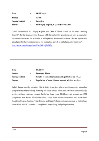Date                  -       18 /09/2010

Source                -       CNBC
Survey Method         -       Interview
Sample                -       Mr Sanjay Kapoor, CEO of Bharti Airtel


CNBC interviewed Mr. Sanjay Kapoor, the CEO of Bharti Airtel on the topic “Dialing
Growth”. In that interview Mr. Kapoor told that subscriber growth is not only a parameter,
but the revenue from the activities is an important parameter for Bharti. He not agrees with
actual growth shown in numbers as per him actual growth is half of provided numbers”.
http://www.youtube.com/watch?v=WRvcjfoiM7g




Date                  -       07 /03/2011
Source                -       Economic Times
Survey Method         -       Results of subscriber complaints published by TRAI
Sample                -       Population of subscribers who used wireless services


India's largest mobile operator, Bharti Airtel is on top, also when it comes to subscriber
complaints related to billing, metering and tariff-related issues and activation of value-added
services without customer consent. In the last three years, TRAI received as many as 3,571
complaints from Bharti Airtel subscribers, 2,151 from Reliance customers and 1,896 from
Vodafone Essar's clientele. Tata Docomo and Idea Cellular customers seemed to be the least
dissatisfied, with 1,239 and 925 complaints, respectively, lodged against them




CUIM
                                                                                       Page 24
 