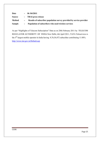 Date          -   06 /04/2011
    Source        -   TRAI press release
y   Method        -     Results of subscriber population survey provided by service provider
    Sample        -    Population of subscribers who used wireless services


    As per “Highlights of Telecom Subscription” Data as on 28th February 2011 by TELECOM
    REGULATOR AUTHORITY OF INDIA New Delhi, 6th April 2011, TATA Teleservices is
    the 5th largest mobile operator in India having 8,76,54,472 subscriber contributing 11.08%.
    http://www.trai.gov.in/Default.asp




    CUIM
                                                                                         Page 25
 